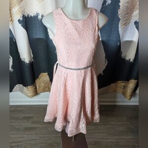 Rare Editions Pink Lace Party Dress with Beaded Waistband